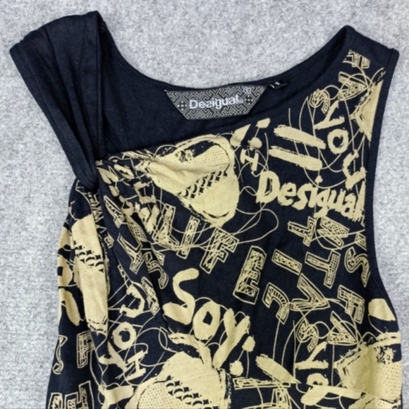 Desigual Dress Size L Cotton Jersey Black/Gold/Beige Asymmetric Sleeveless - Picture 5 of 10